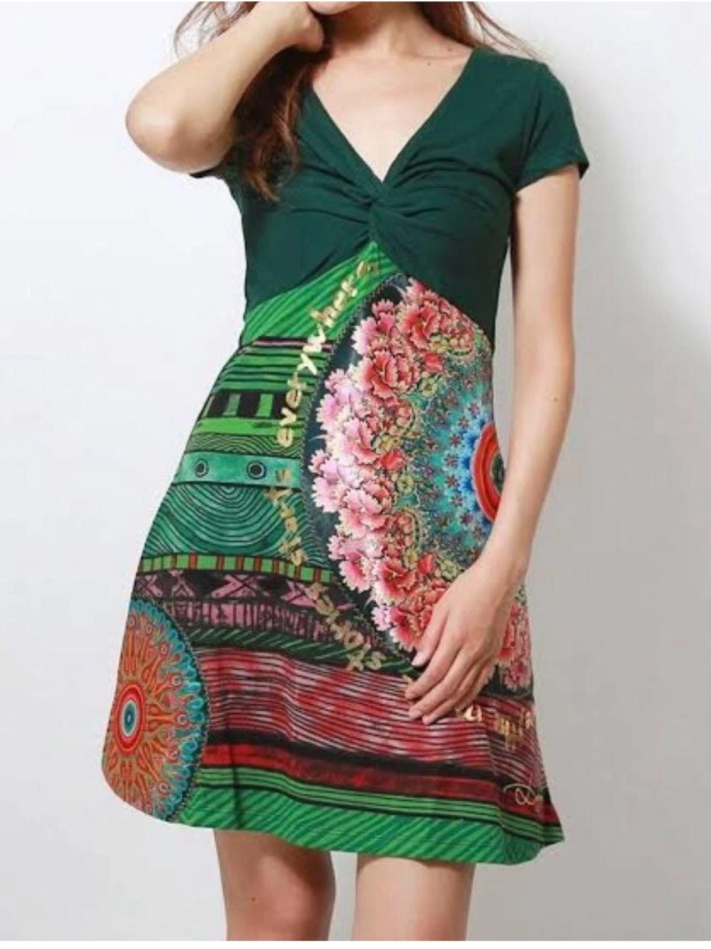 Desigual Green Floral Mandala Dress Ruched V Neck Boho Y2K Patchwork Medium